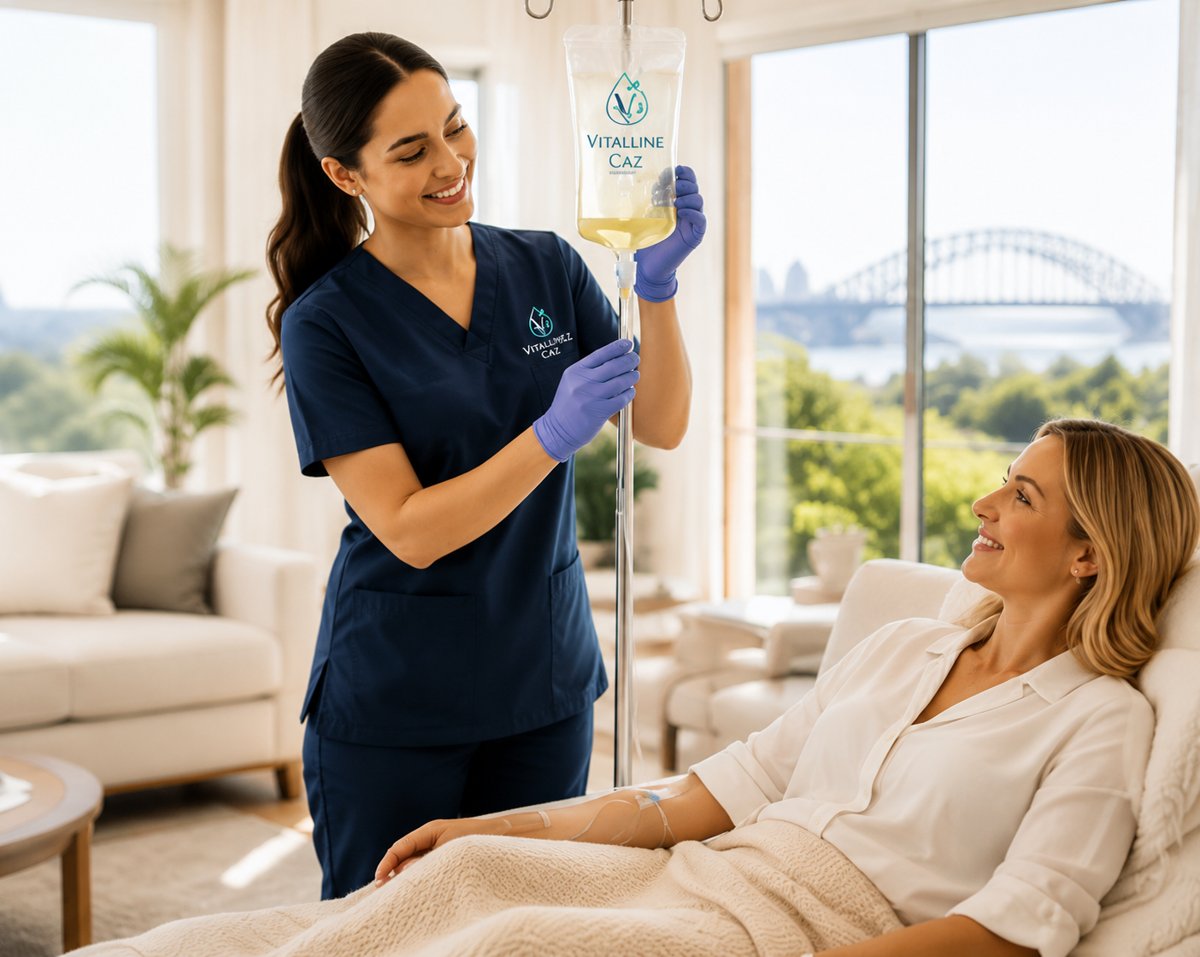 Vitalline Caz nurse administering an IV drip to a relaxed client at home, with Sydney Harbour Bridge in the window behind